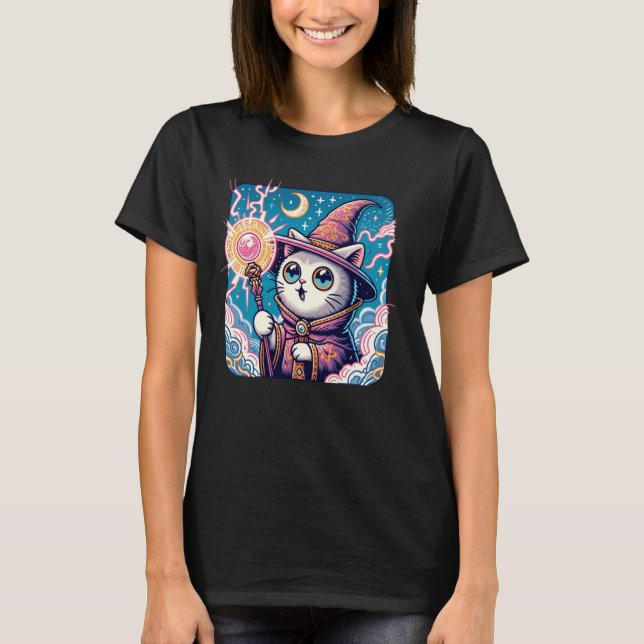 Tecknad Kitten Älskare Funny Reaction Wizard Kat T Shirt (Framsida)