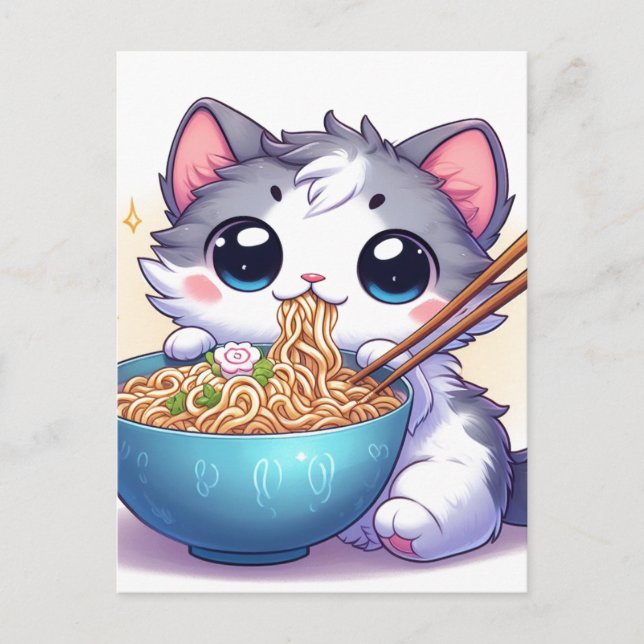 Tecknad Kitten Eating Ramen Noodles Vykort (Framsida)