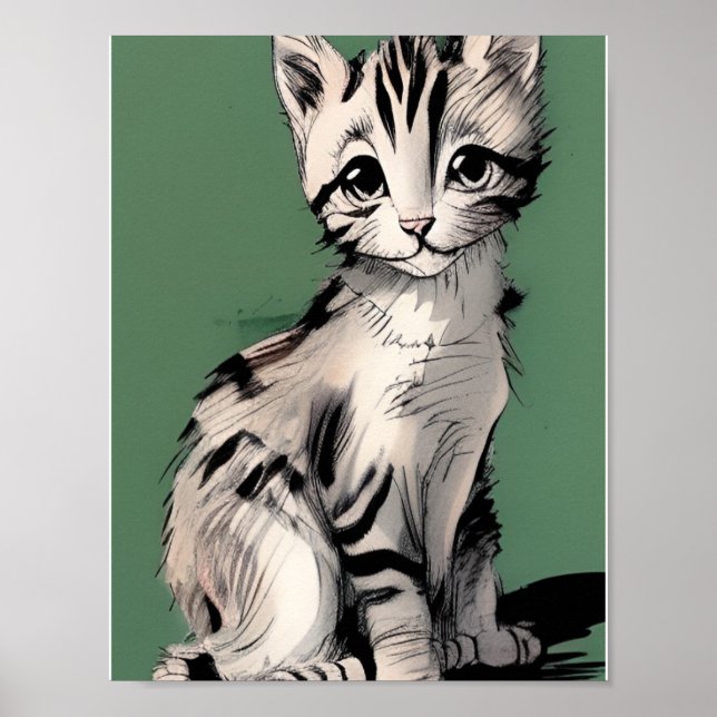 Tecknad Kitten stripe kattunge-röster grönt Poster (Framsidan)