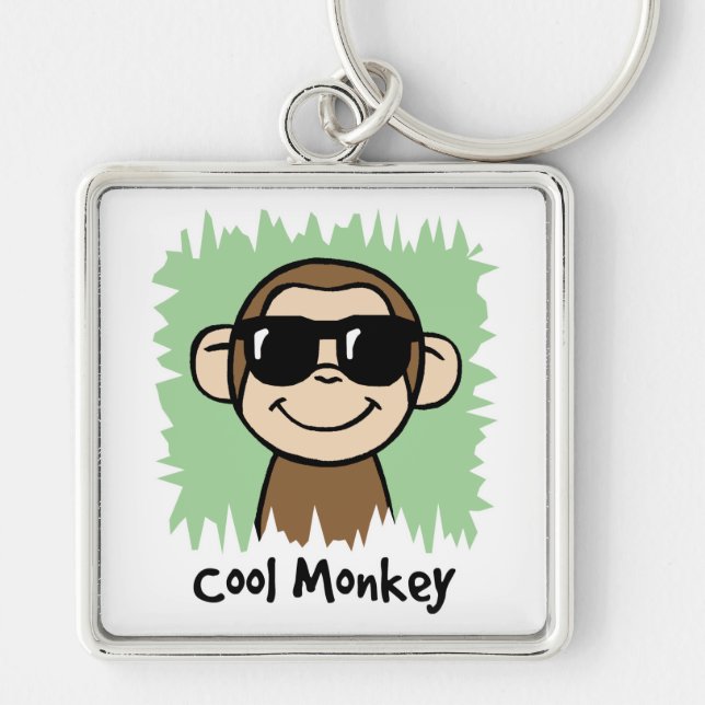 Tecknad klippbild Cool Monkey med solglasögon Fyrkantig Silverfärgad Nyckelring (Framsidan)