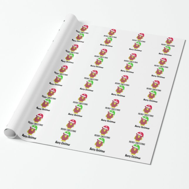 Tecknad kyckling i tomteluva presentpapper (Utrullad)