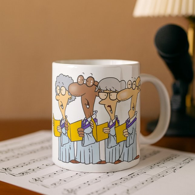 Tecknad kyrkokör med äldre sångare som sjunger kaffemugg (Skapare uppladdad)