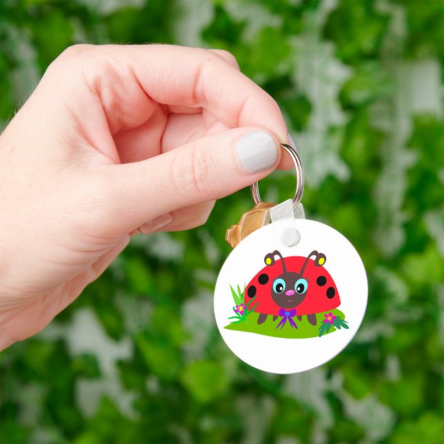 Tecknad Ladybug Bow and Flowers Nyckelring (Skapare uppladdad)