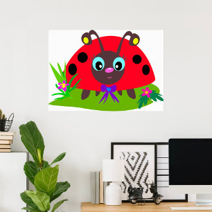 Tecknad Ladybug Bow and Flowers Poster