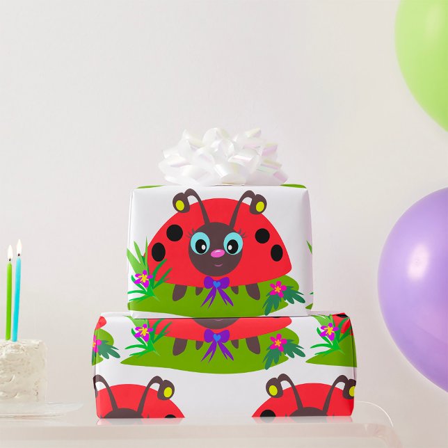 Tecknad Ladybug Bow and Flowers Presentpapper (Skapare uppladdad)
