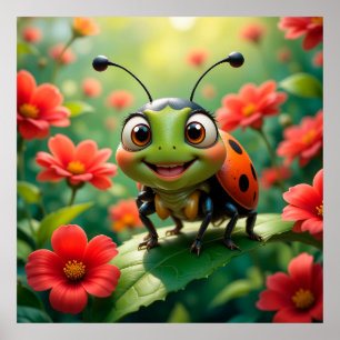 Tecknad Ladybug på Löv Poster