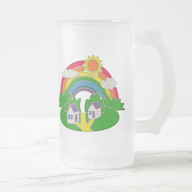 Tecknad landsbygd med regnbåge och land hus frostat ölglas (Höger)