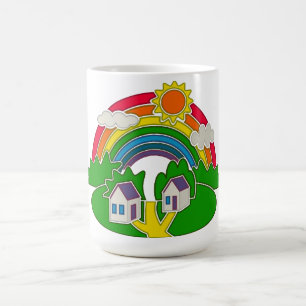 Tecknad landsbygd med regnbåge och land hus kaffemugg