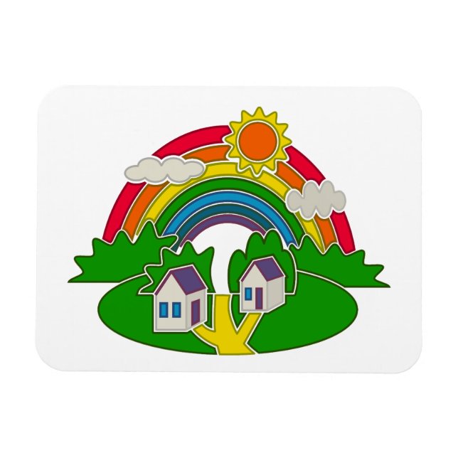 Tecknad landsbygd med regnbåge och land hus magnet (Horisontell)