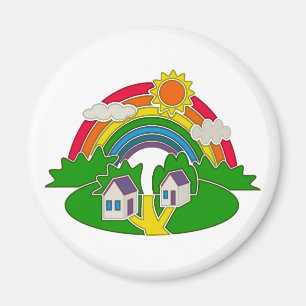 Tecknad landsbygd med regnbåge och land hus magnet