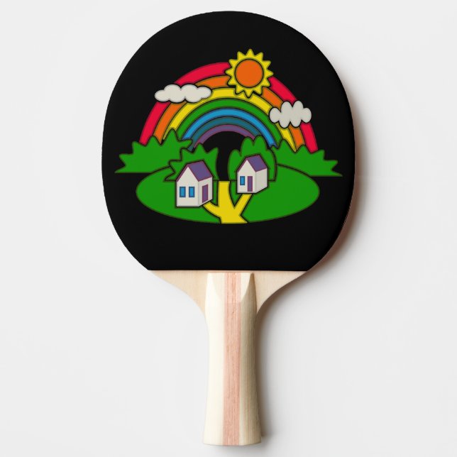 Tecknad landsbygd med regnbåge och land hus pingisracket (Framsidan)