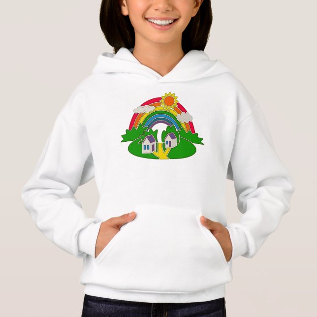 Tecknad landsbygd med regnbåge och land hus t shirt (Framsida)