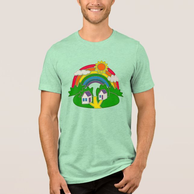 Tecknad landsbygd med regnbåge och land hus t shirt (Framsida)