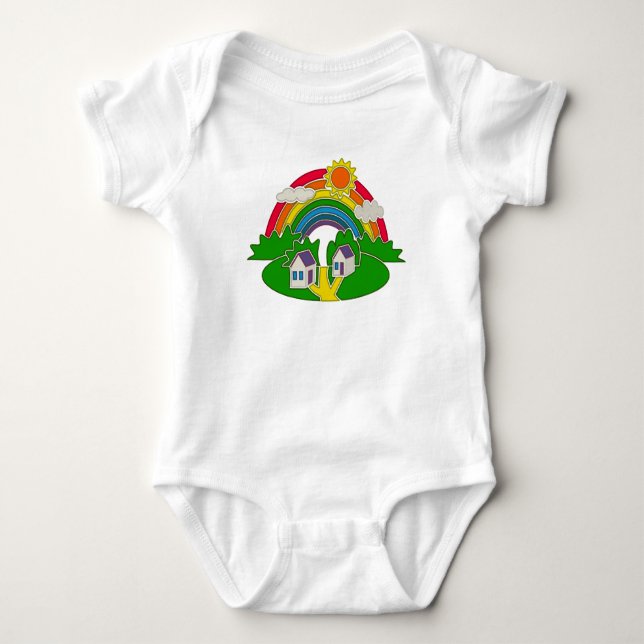 Tecknad lantlig scen med regnbåge och lanthus t shirt (Framsida)