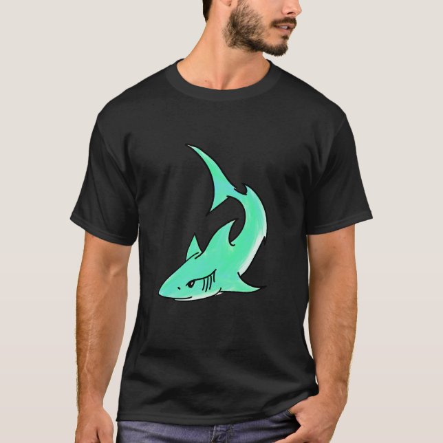 tecknad leende haj mint blå grön hav djur t shirt (Framsida)