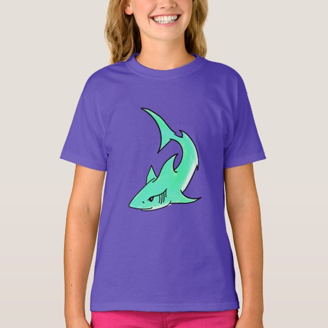 tecknad leende haj mint blå grön hav djur t shirt (Framsida)