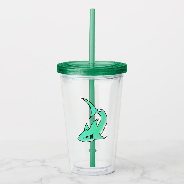 tecknad leende haj mint blå grön hav djur take away mugg (Framsida)