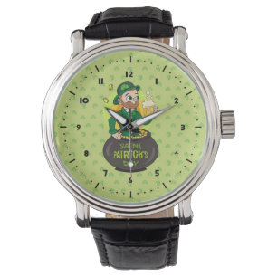Tecknad leprechaun i en depån i guld som håller en armbandsur