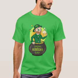 Tecknad leprechaun i en depån i guld som håller en t shirt