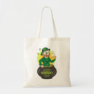 Tecknad leprechaun i en depån i guld som håller en tygkasse