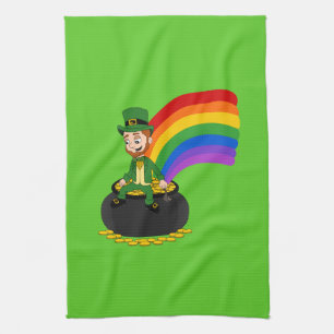 Tecknad leprechaun sitta på en kruka i guld kökshandduk