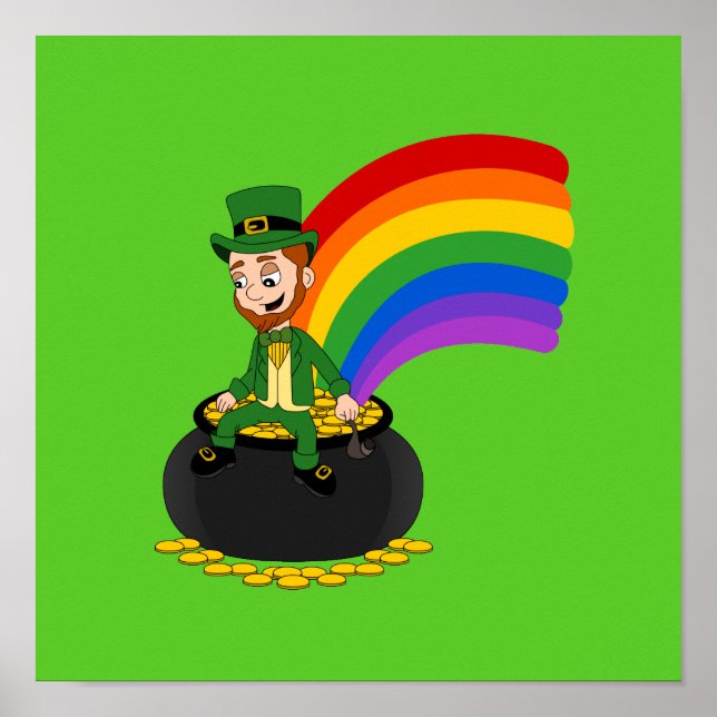 Tecknad leprechaun sitta på en kruka i guld poster (Framsidan)