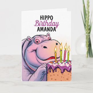Tecknad Lila Cake Funny Hippo Birthday Kort