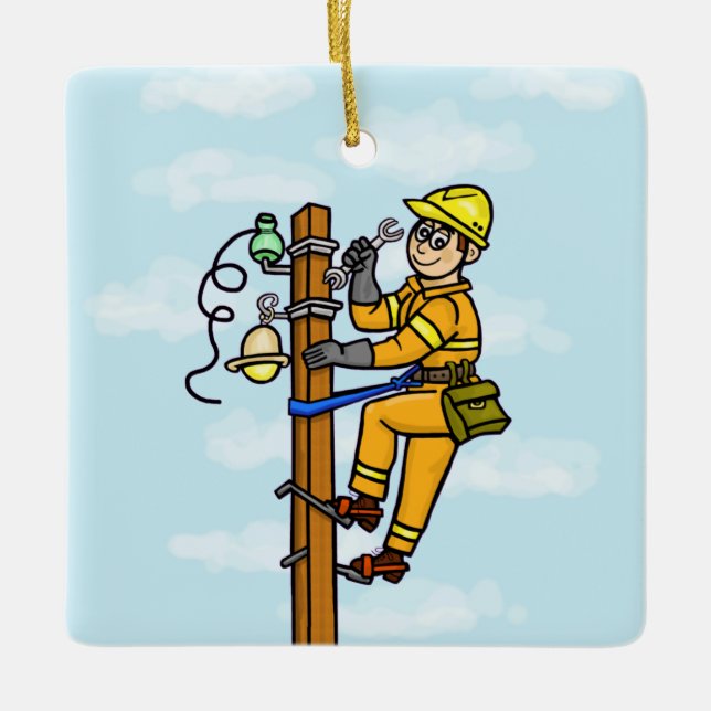 Tecknad Lineman som arbetar med pole Ornament Add  (Framsida)