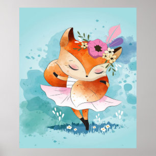 Tecknad Little Fox Blommigt för Fäst räv Poster
