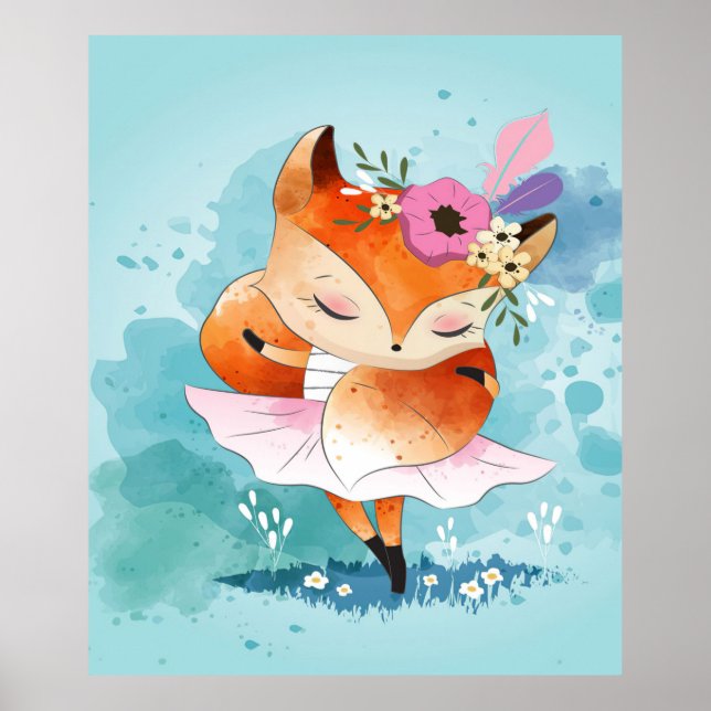 Tecknad Little Fox | Blommigt för Fäst räv Poster (Framsidan)