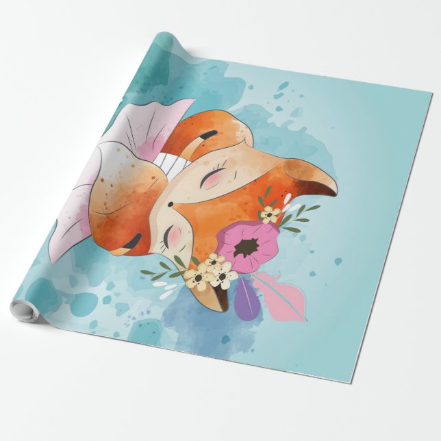 Tecknad Little Fox | Blommigt för Fäst räv Presentpapper (Utrullad)
