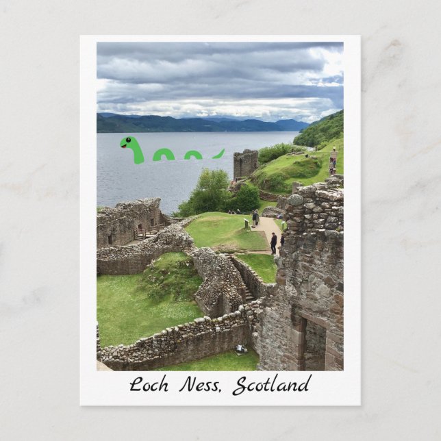 Tecknad Loch Ness Monster & Urquhart Castle Funny Vykort (Framsida)
