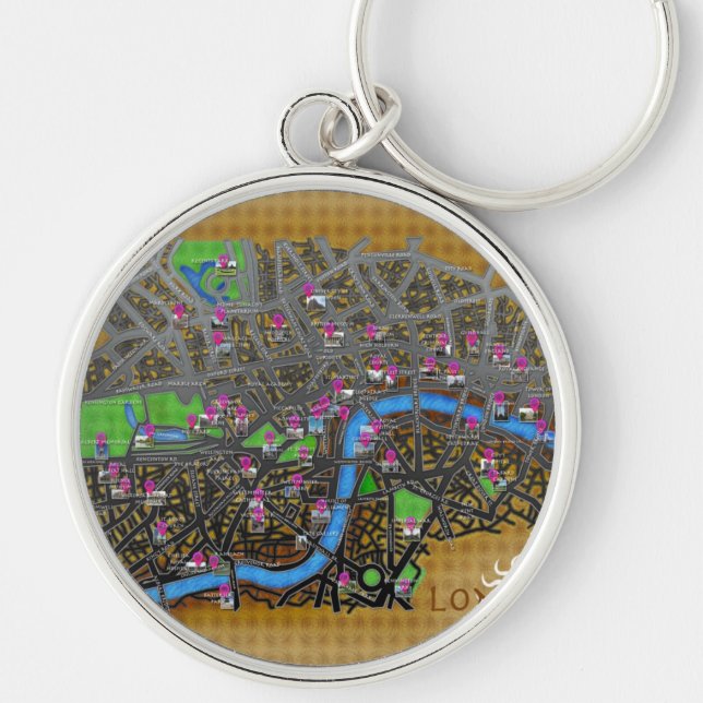 Tecknad Londonkarta Rund Silverfärgad Nyckelring (Framsidan)