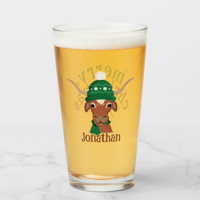 Tecknad Longhorn i Grönt Ski Cap och Scarf Glaskopp (Framsida fylld)