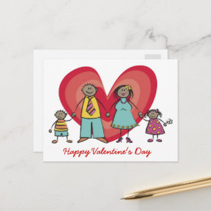Tecknad Lycklig Family Big Red Heart Valentine Day Helg Vykort