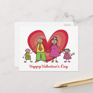 Tecknad Lycklig Family Big Red Heart Valentine Day Helg Vykort