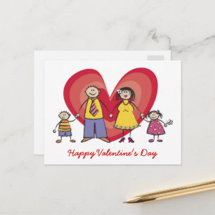 Tecknad Lycklig Family Big Red Heart Valentine Day Helg Vykort