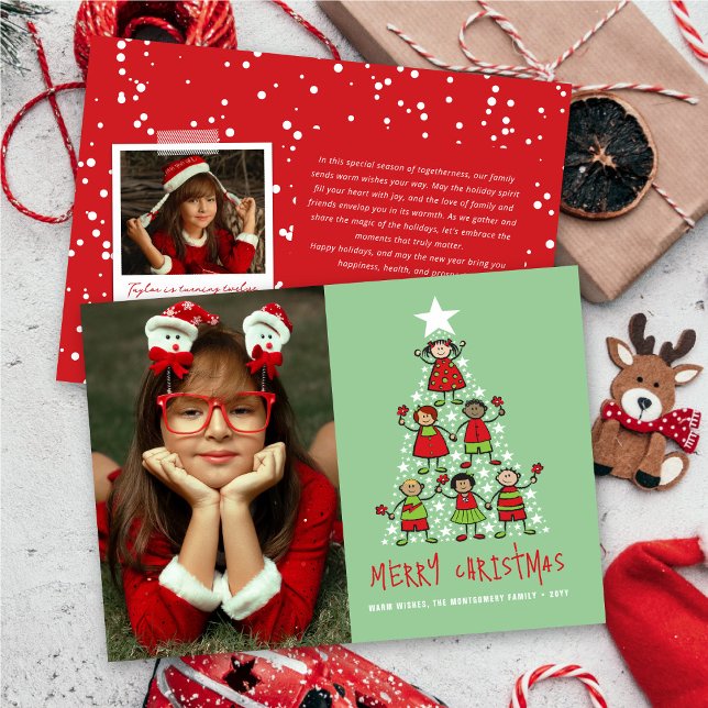 Tecknad Lycklig Kids Julgran och stjärnfoto Julkort (Skapare uppladdad)