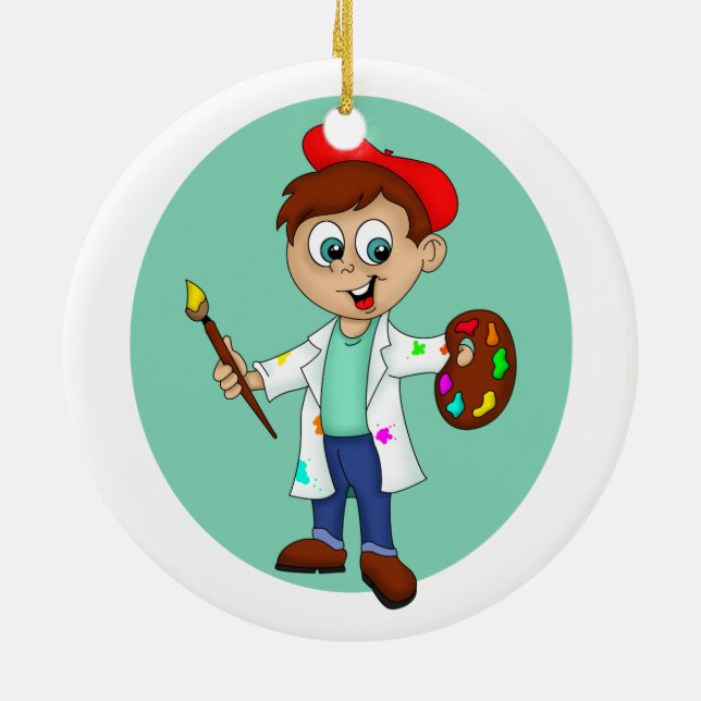 Tecknad Male Artist med pensel och palett Julgransprydnad Keramik (Baksidan)