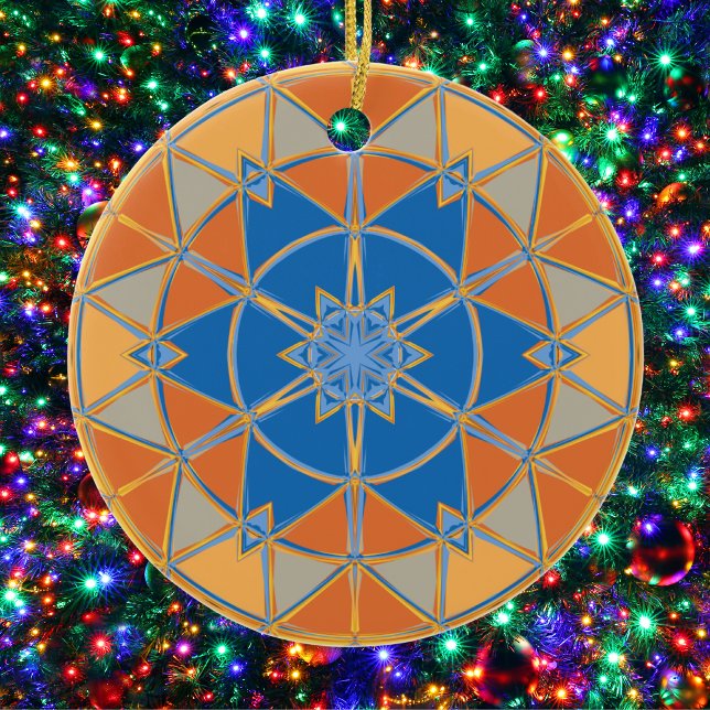 Tecknad Mandala Blue Orange och Gult Julgransprydnad Keramik (Skapare uppladdad)