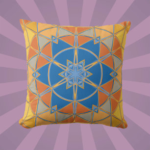 Tecknad Mandala Blue Orange och Gult Kudde