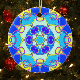 Tecknad Mandala Flower Blue Gult and Rosa Julgransprydnad Keramik