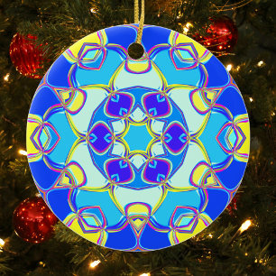 Tecknad Mandala Flower Blue Gult and Rosa Julgransprydnad Keramik