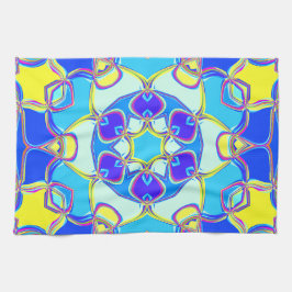 Tecknad Mandala Flower Blue Gult and Rosa Kökshandduk