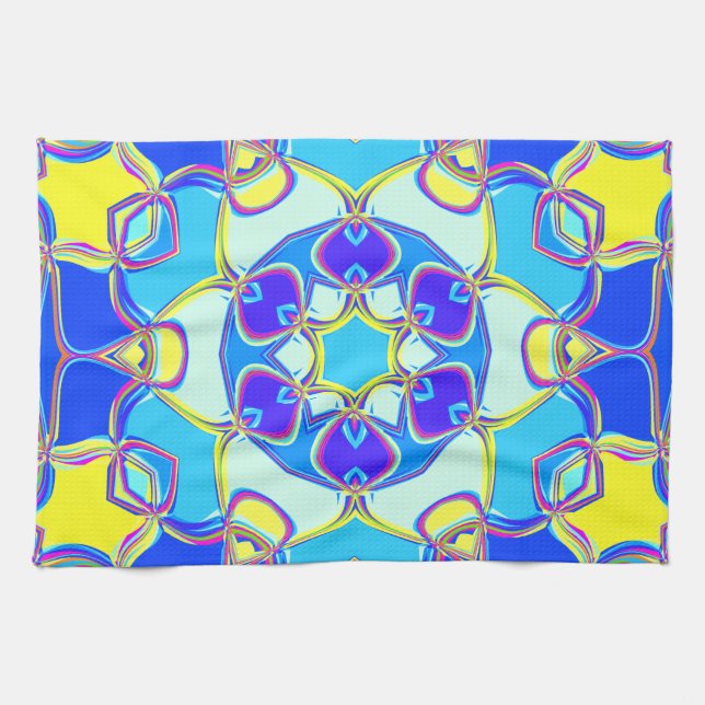 Tecknad Mandala Flower Blue Gult and Rosa Kökshandduk (Horisontell)