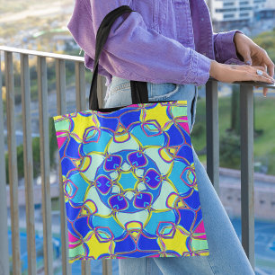 Tecknad Mandala Flower Blue Gult and Rosa Tygkasse