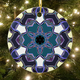 Tecknad Mandala Flower Blue Lila Black and White Julgransprydnad Keramik