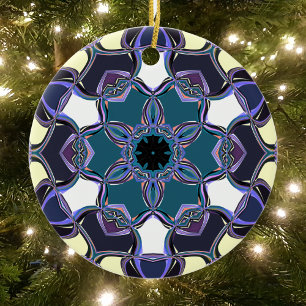 Tecknad Mandala Flower Blue Lila Black and White Julgransprydnad Keramik