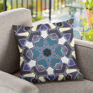 Tecknad Mandala Flower Blue Lila Black and White Kudde