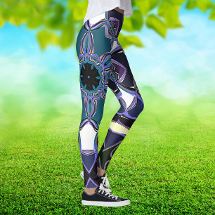 Tecknad Mandala Flower Blue Lila Black and White Leggings